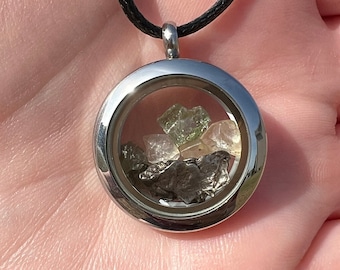 Moldavite Meteroite Libyan Desert Glass Pendant | Iron Campo del Cielo Raw Tektite Jewelry Necklace | Floating Steel Locket Transformation