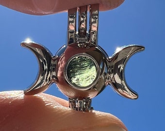 RARE Moldavite Pendant | Triple Moon Goddess Spiritual Talisman Genuine Synergy 12 Moldavite Locket Necklace Jewelry Stone of Transformation