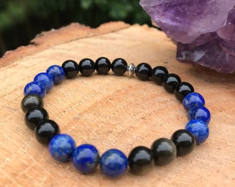 Lapis Lazuli Gemstone Bracelet | Golden Obsidian | Black Onyx | Shield |  | Chakra Healing |  | Abundance | Protection Mala