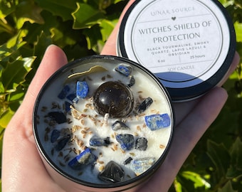 Witches Shield of Protection Herbal Intention Crystal Candle | Ritual Altar Tool Crystal Stone Spell Scented Soy Candle Gift Dragons Blood