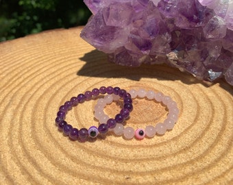 Girls Ladies Childrens Evil Eye Bracelet | Amethyst | Rose Quartz | Divine Love |  Calming | Chakra Healing Protection | Balance | Stress