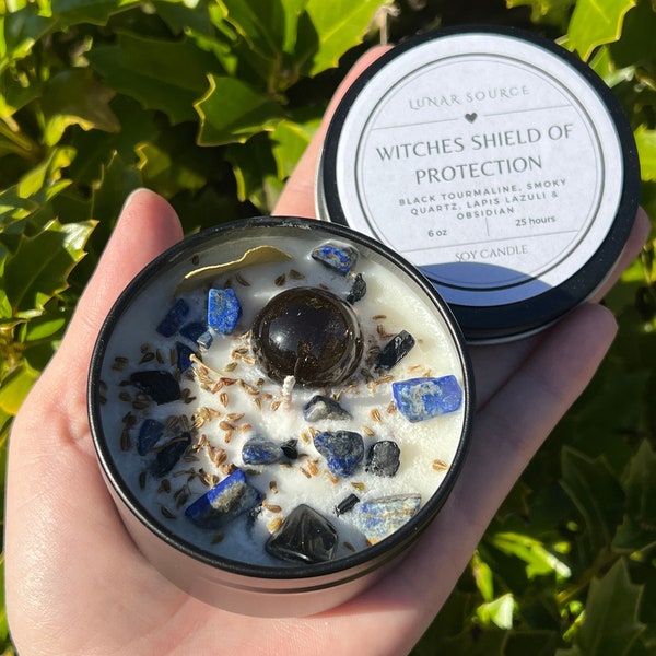 Witches Shield of Protection Herbal Intention Crystal Candle | Ritual Altar Tool Crystal Stone Spell Scented Soy Candle Gift Dragons Blood