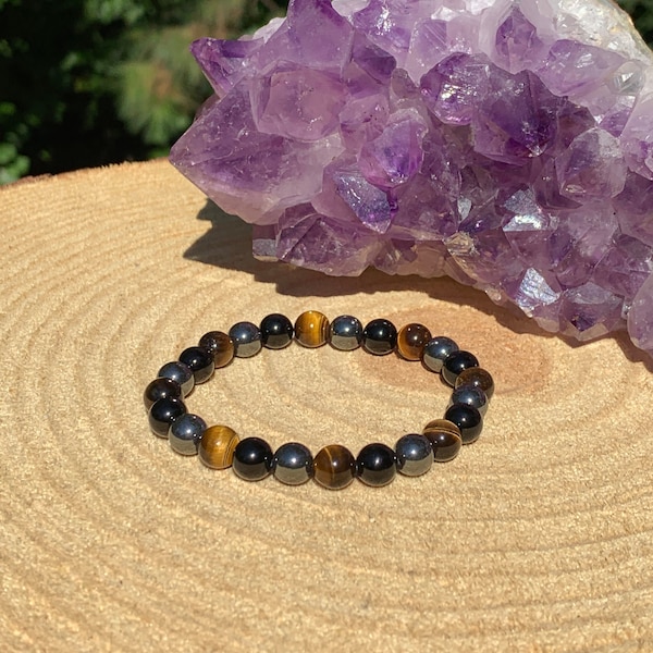 Triple Energy Protection Bracelet | Black Tourmaline Tiger Eye Hematite | Chakra Healing | Grounding Negative Energy Power | Unisex His Hers