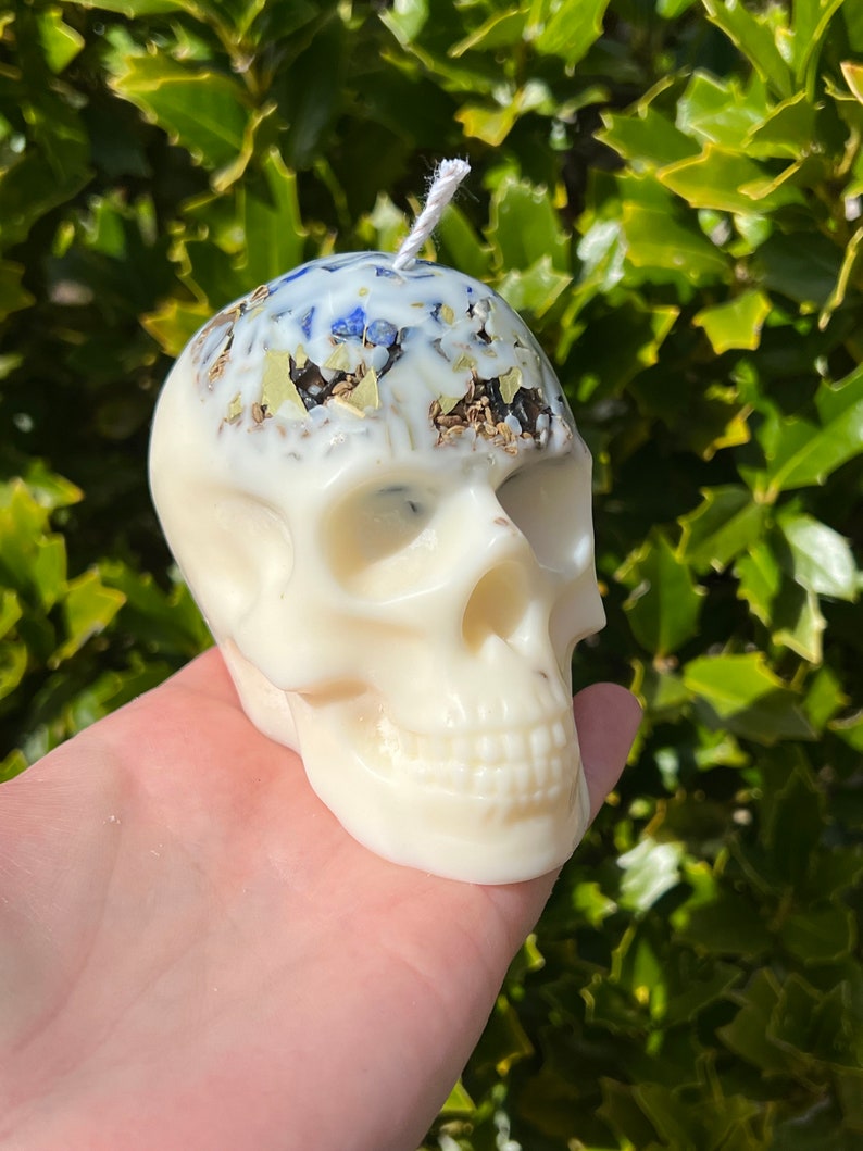 Witches Shield of Protection Herbal Intention Large Skull Crystal Candle Ritual Altar Tool Stone Spell Scented Soy Gift Dragons Blood image 2