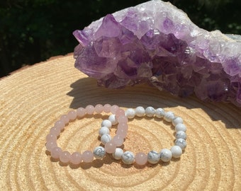 His Hers Couples Matching Howlite & Rose Quartz Bracelet Set | Chakra Healing | Divine Love | Mother Daughter Friendship Distance Bracelets