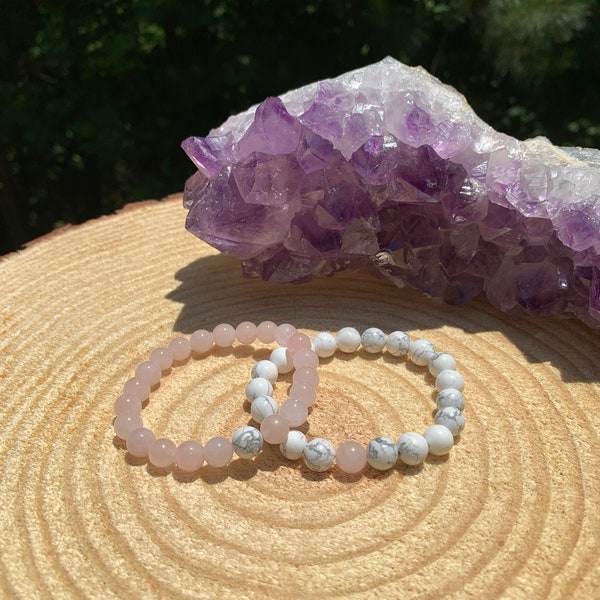 His Hers Couples Matching Howlite & Rose Quartz Bracelet Set | Chakra Healing | Divine Love | Mother Daughter Friendship Distance Bracelets