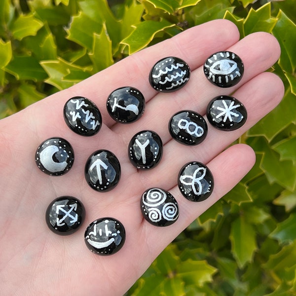 LIMITED EDITION Black Glass 13 Witches Runes Set | Wicca Pagan Witchcraft | Divination Casting Marble Atlar Tool Witchy Gift Decor Supply