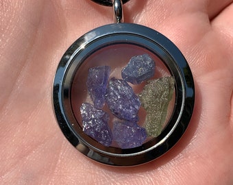 RARE Tanzanite Moldavite Pendant | Synergy 12 | Tanzanite | Natural Raw Meteorite Tektite Jewelry Necklace Floating Stainless Steel Locket