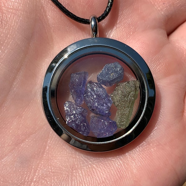 RARE Tanzanite Moldavite Pendant | Synergy 12 | Tanzanite | Natural Raw Meteorite Tektite Jewelry Necklace Floating Stainless Steel Locket