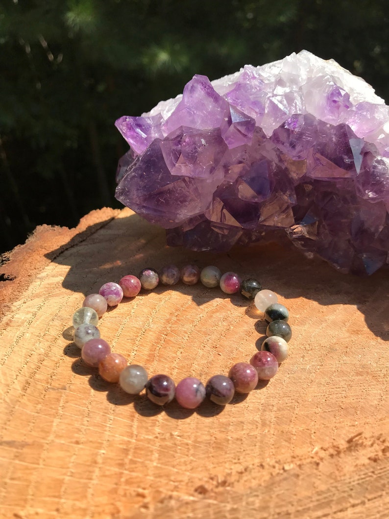 Natural Tourmaline Bracelet Chakra Healing Crystal Stability Peace Happiness Harmony Aura Grief EMF Meditation Yoga Mala image 1