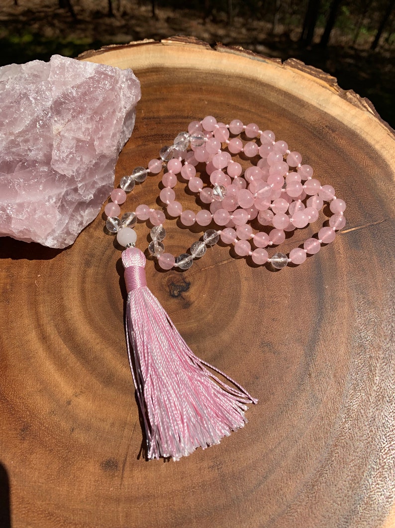 Protection Pregnancy Meditation Yoga Rose Quartz /& Clear Quartz Mala Necklace Prayer Unconditional Love Divine Goddess 108 Bead