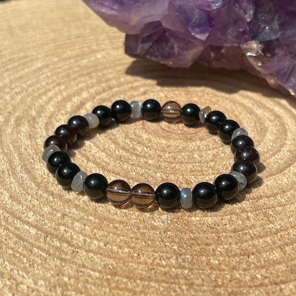 Goddess Kali Bracelet | Hindu Deity Magick Witchcraft Jewelry | Kali Ma Mantra Mala | Black Dark Mother Goddess of Time | Spiritual Crystals