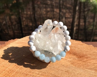 Aquamarine & Howlite Bracelet | Chakra Healing Crystal | Yoga | Meditation | Courage | Protection | Soothing | Calm | Love | Spiritual