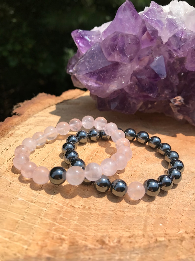 His Hers Couples Matching Hematite & Rose Quartz Bracelet Set | Divine Love | Distance | Stress | Chakra Healing | Protection | Friendship 