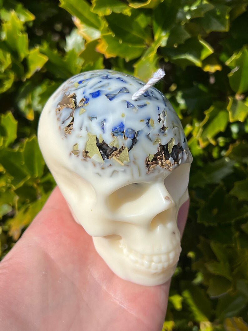 Witches Shield of Protection Herbal Intention Large Skull Crystal Candle Ritual Altar Tool Stone Spell Scented Soy Gift Dragons Blood image 9