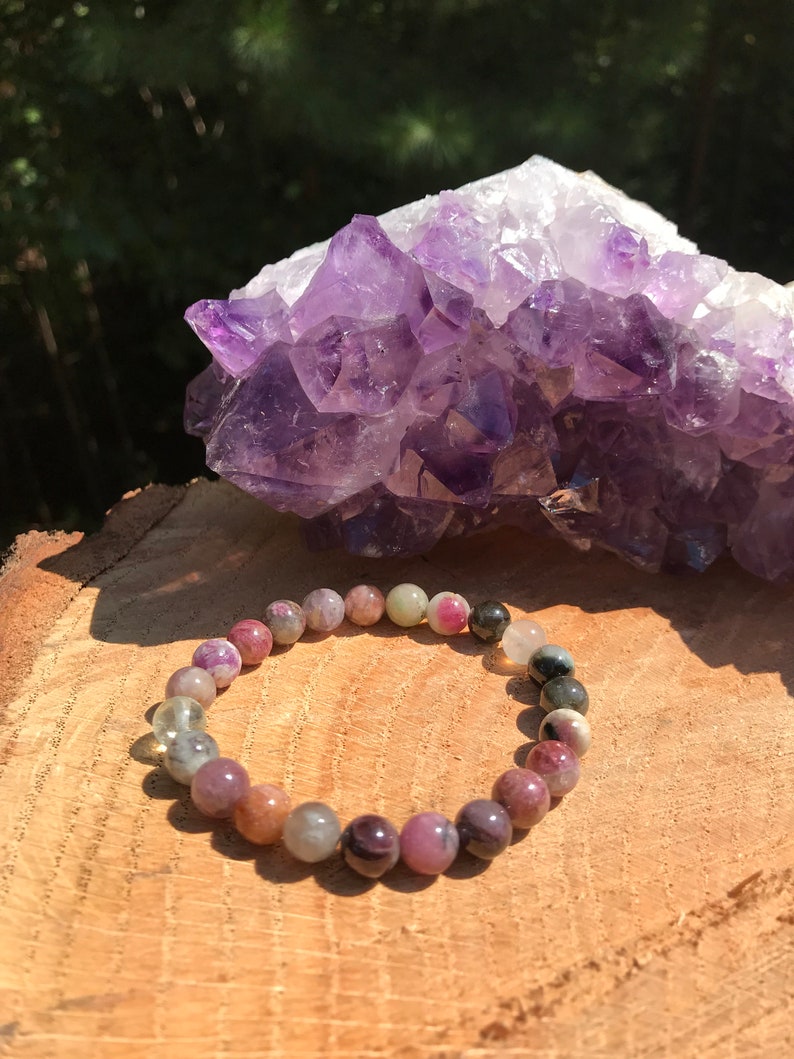 Natural Tourmaline Bracelet Chakra Healing Crystal Stability Peace Happiness Harmony Aura Grief EMF Meditation Yoga Mala image 3