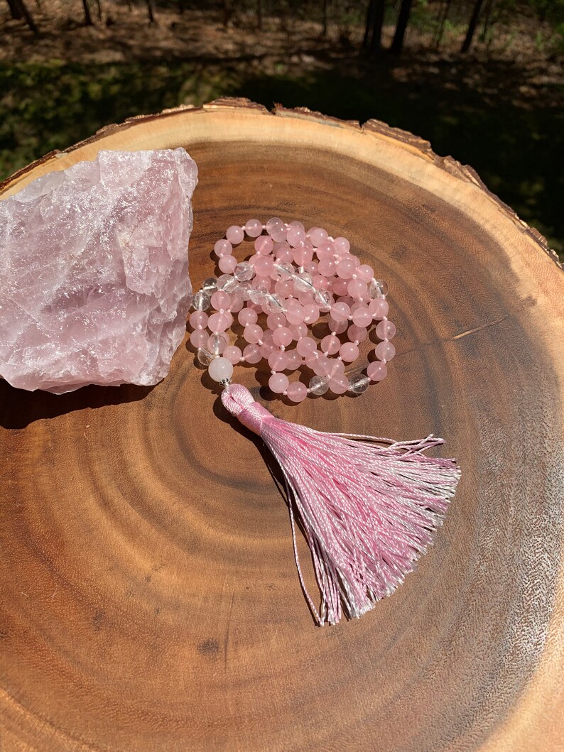 Protection Pregnancy Meditation Yoga Rose Quartz /& Clear Quartz Mala Necklace Prayer Unconditional Love Divine Goddess 108 Bead