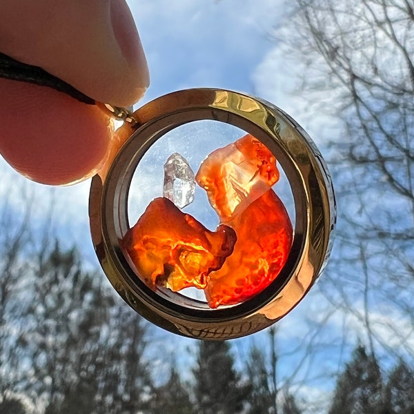 Carnelian Herkimer Diamond Pendant | Polished Carnelian Locket Jewelry | Orange Chalcedony | Manifestation Necklace | Chakra Vitality Virgo