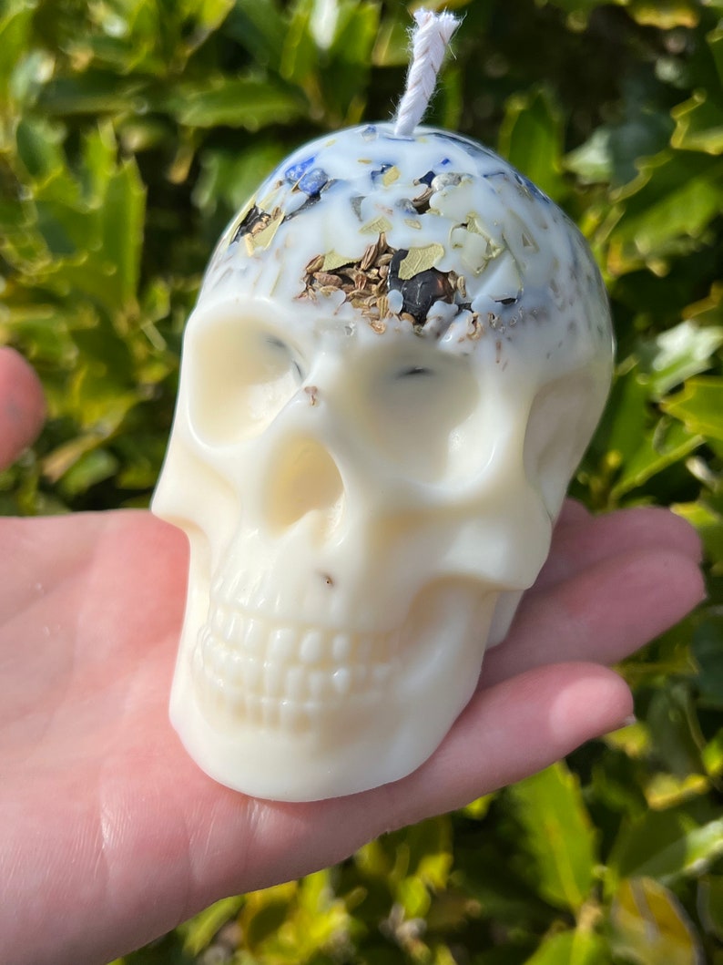 Witches Shield of Protection Herbal Intention Large Skull Crystal Candle Ritual Altar Tool Stone Spell Scented Soy Gift Dragons Blood image 10