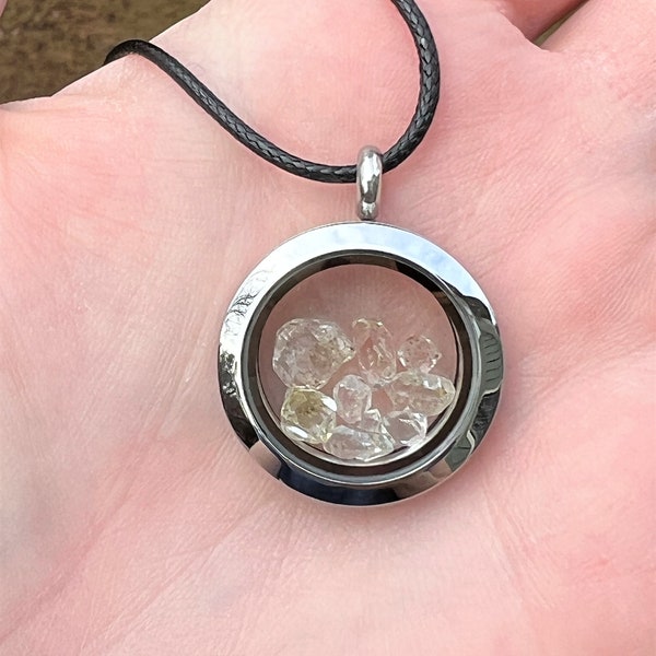 RARE Golden Enhydro Pendant | UV Reactive Double Terminated Golden Enhydro Petroleum Quartz Steel Locket Pendant | Herkimer Diamond Necklace