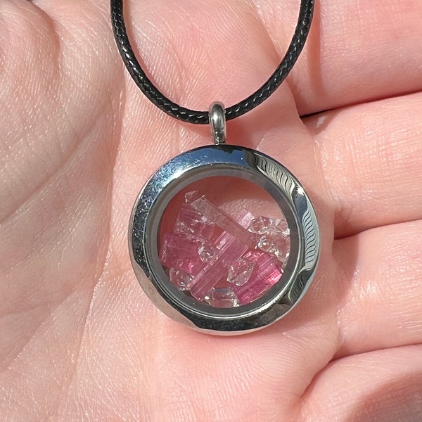 RARE Pink Tourmaline Herkimer Diamond Pendant | Pink Tourmaline Rod Locket Necklace Jewelry | Herkimer Diamond Quartz | Cruzeiro Mine Brazil