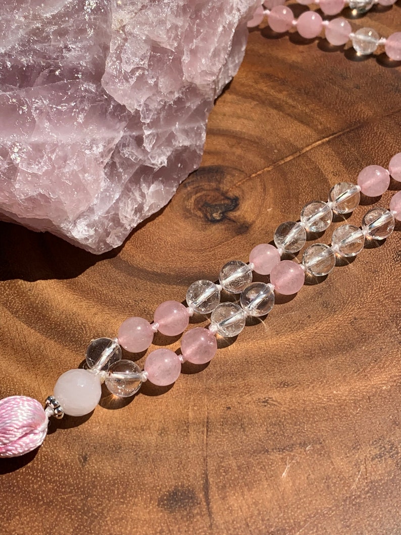 Protection Pregnancy Meditation Yoga Rose Quartz /& Clear Quartz Mala Necklace Prayer Unconditional Love Divine Goddess 108 Bead