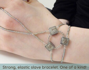 Gray enamel. Nickel free silver metal spacers. Elastic slave bracelet. Beaded Bracelet ring. Hand jewellery. Ring bracelet. Hand chain ring.