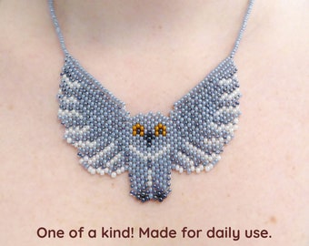 Beadwork Owl necklace. Nickel free silver plated clasp and chain. Beaded bib necklace. Animal. Nature. Bird. Collar, statement, free form