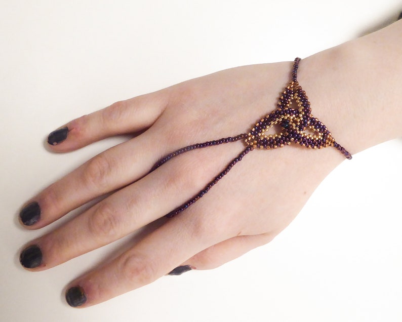 Purple gold metallic Celtic knot beadwork. Elastic slave bracelet. Bright copper plated delica beads. Beaded finger bracelet. Ring bracelet. image 3