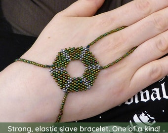 Green metallic elastic slave bracelet. Beaded Hand finger jewelry. Finger bracelet. Hand jewelry. Ring bracelet. Hand bracelet. Hand chain.
