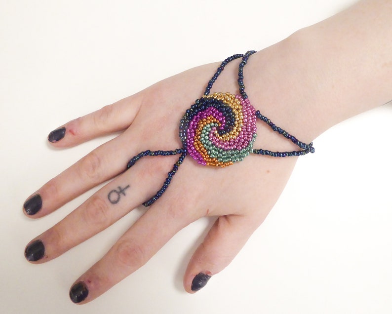 Spiral beadwork. Elastic slave bracelet. Different metallic irregular seed beads. Beaded hand finger jewelry. Hand jewelry. Ring bracelet. image 3