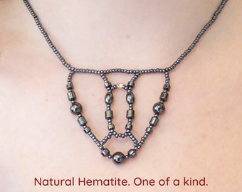 Natural HEMATITE necklace. Gemstone necklace. Crystal collar. Semi precious stone bib. Beaded choker. Beadwork statement necklace.