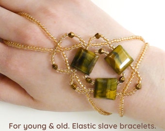 Natural TIGERS EYE, elastic gemstone slave bracelet. Crystal bracelets ring. Semi precious stone finger bracelet. Handjewelry. Ring bracelet