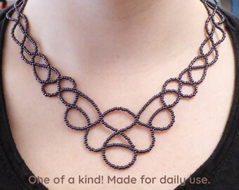 Purple metallic lace bib necklace. Silver plated clasp & chain. Beaded Collar necklace, Beadwork seed beads necklace, Free form necklace