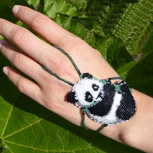 Cute PANDA. Elastic animal beadwork slave bracelet. Beaded finger jewelry. Finger bracelet. Hand jewelry. Ring bracelet. Hand bracelet. image 4