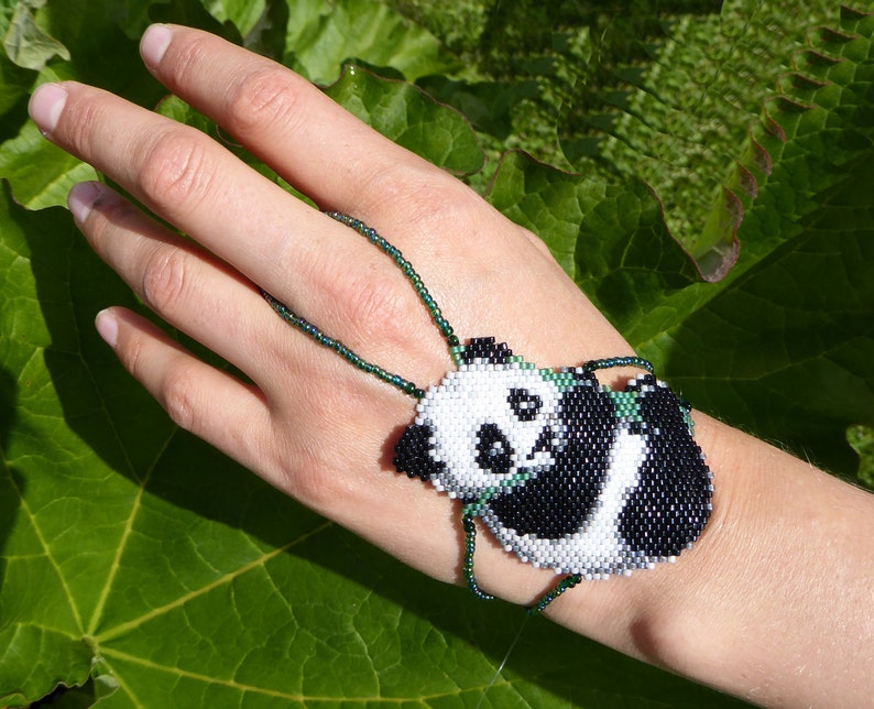 Cute PANDA. Elastic animal beadwork slave bracelet. Beaded finger jewelry. Finger bracelet. Hand jewelry. Ring bracelet. Hand bracelet. image 4