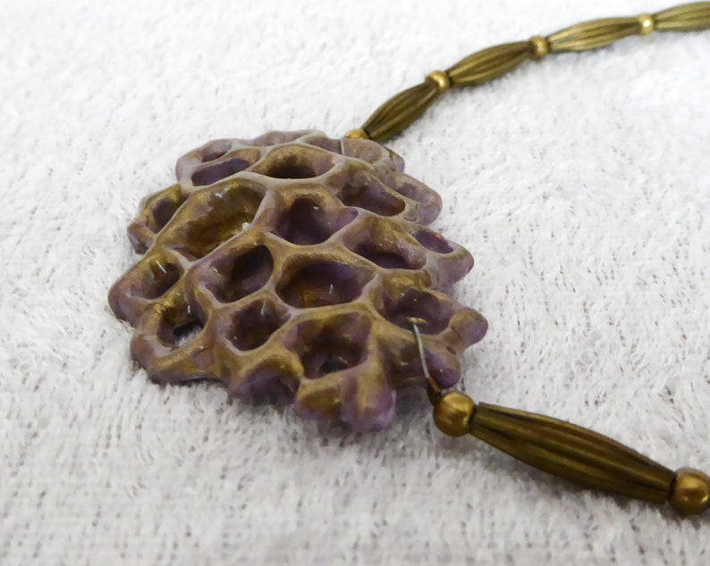 Bronze purple polymer clay 3D net. A thin coat of shiny resin. Nickel free bronze metal beads. Nickel free bronze colored clasp and chain. image 6