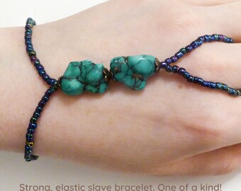 Natural TURQUOISE. Blue metallic elastic gemstone slave bracelet. Crystal bracelets ring. Semi precious stone finger bracelet. Hand jewelry.