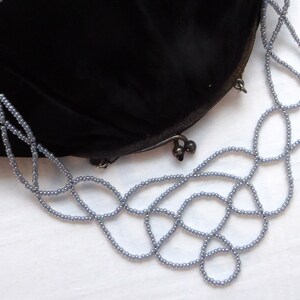 Pearl grey lace bib necklace. Silver plated clasp & chain. Beaded Collar necklace, Beadwork seed beads necklace, Free form necklace image 4