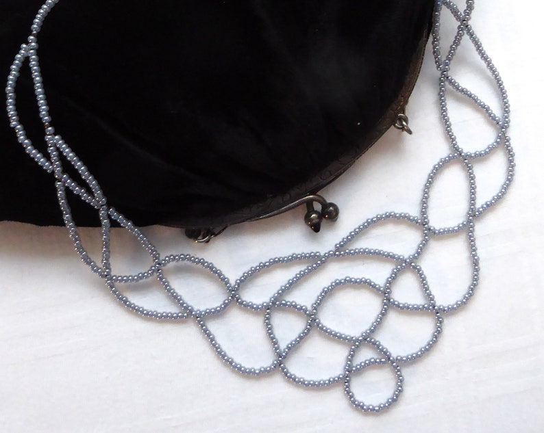 Pearl grey lace bib necklace. Silver plated clasp & chain. Beaded Collar necklace, Beadwork seed beads necklace, Free form necklace image 4