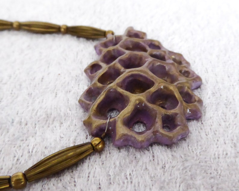 Bronze purple polymer clay 3D net. A thin coat of shiny resin. Nickel free bronze metal beads. Nickel free bronze colored clasp and chain. image 8