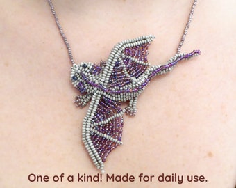 DRAGON, 3D beadwork necklace. Animal & Nature. Delica seed beads. Silver plated clasp and chain. Collar statement necklace. Bib necklace.