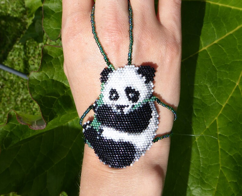 Cute PANDA. Elastic animal beadwork slave bracelet. Beaded finger jewelry. Finger bracelet. Hand jewelry. Ring bracelet. Hand bracelet. image 9