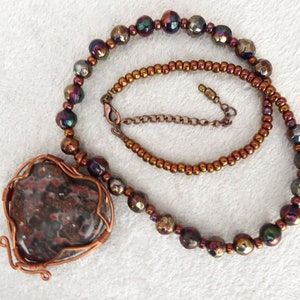 Natural big Leopard Skin Jasper heart, pendant necklace. Copper wire. Soft faceted rainbow metallic glass beads. Copper colored seed beads. image 3