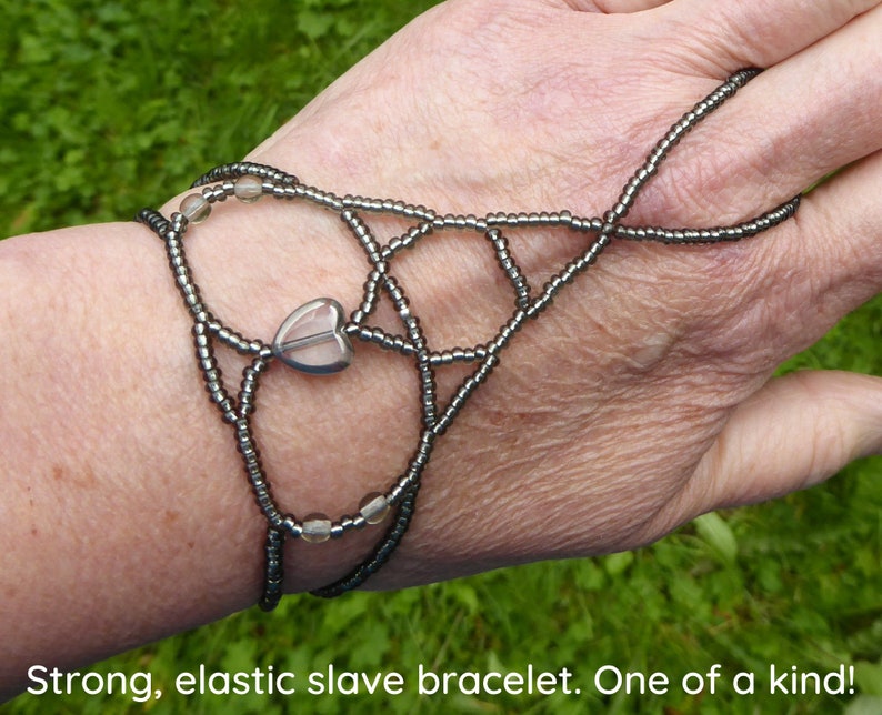 Silver window heart bead. Elastic slave bracelet. Beaded stretchy bracelets ring. Finger bracelet. Hand jewelry. Hand chain. Ring bracelet. image 1