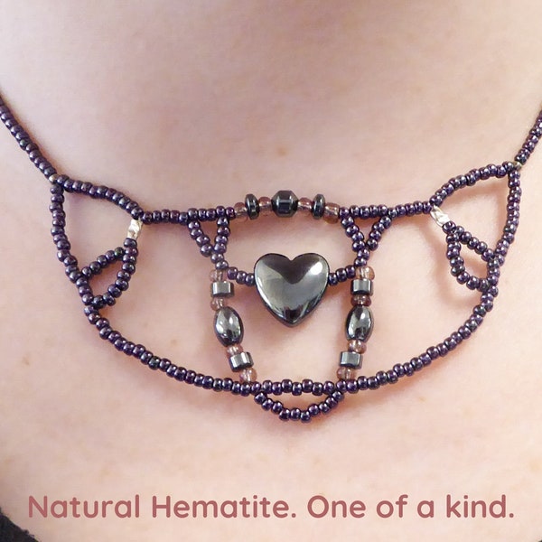 Natural HEMATITE heart necklace. Gemstone necklace. Crystal collar. Semi precious stone bib. Beaded choker. Beadwork statement necklace.