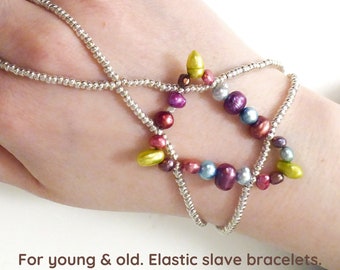 Freshwater pearls. Colorful elastic slave bracelet. Beaded Bracelet ring. Hand jewellery. Finger bracelet. Ring bracelet. Hand chain ring.