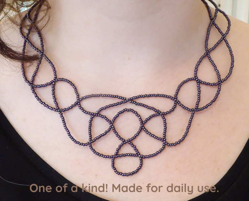 Purple metallic lace bib necklace. Silver plated clasp & chain. Beaded Collar necklace, Beadwork necklace, Free form necklace image 1