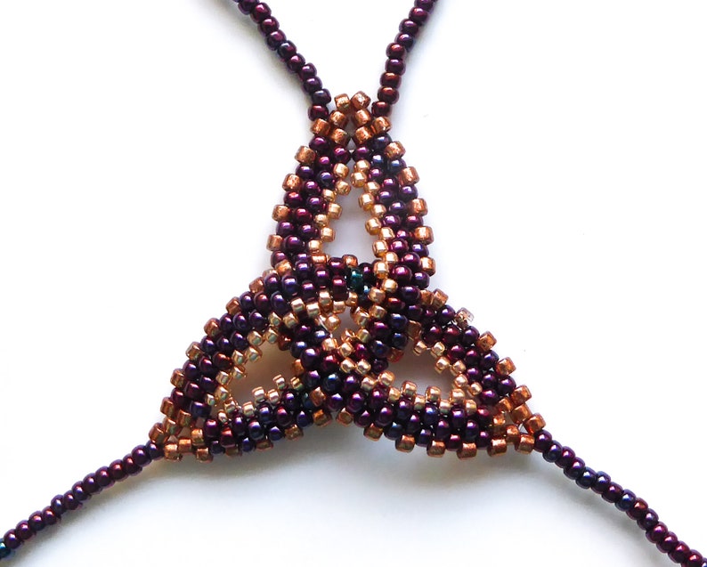 Purple gold metallic Celtic knot beadwork. Elastic slave bracelet. Bright copper plated delica beads. Beaded finger bracelet. Ring bracelet. image 6