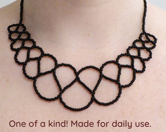 Black lace bib necklace. Silver plated clasp & chain. Beaded Collar necklace, Beadwork seed beads necklace, Free form necklace
